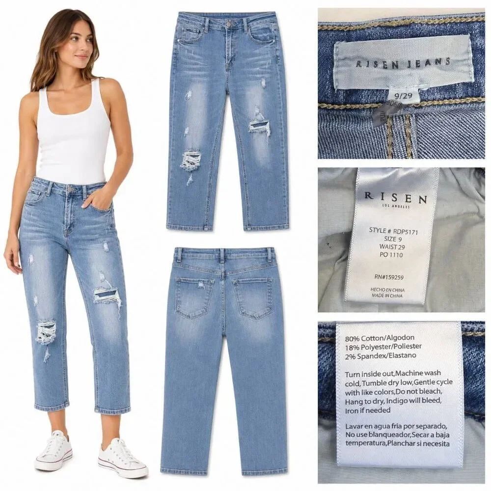 Risen Distressed Cropped Straight Jeans Women's 9/29